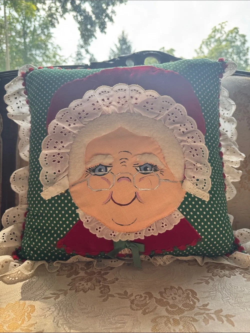 Handcrafted Green Polka Dot Mrs. Claus Decorative Pillow